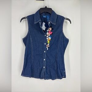 Vtg Disney Mickey Minnie Goofy Embroidered Denim Vest Button Down Shirt MED NWT